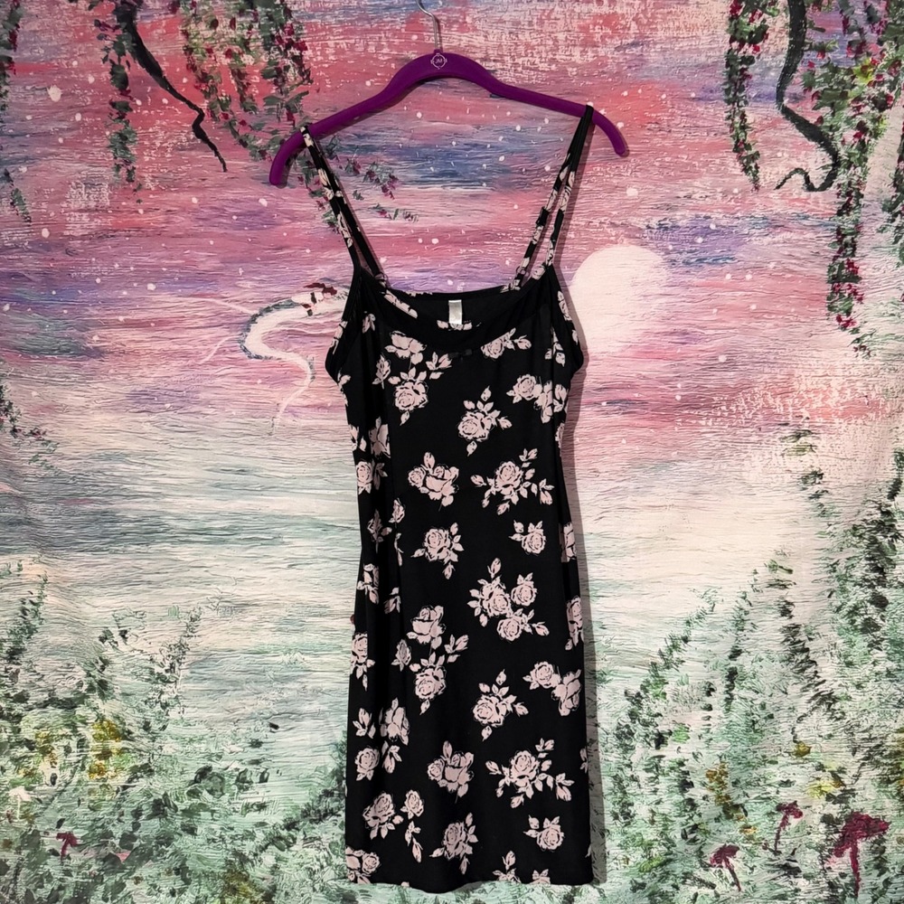 Women Marilyn Monroe Black Pink Floral Rose Mini Dress Spaghetti Strap Bodycon M